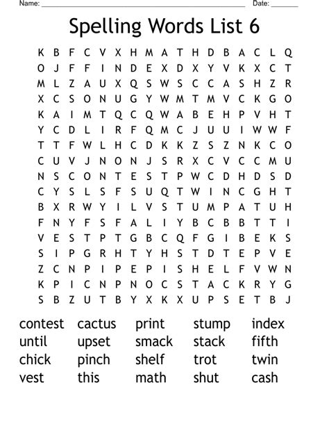 Spelling Words List 6 Word Search Wordmint