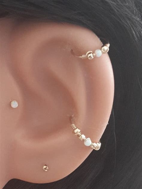 White Opal Mm Helix Earring Gold Beaded Cartilage Hoop