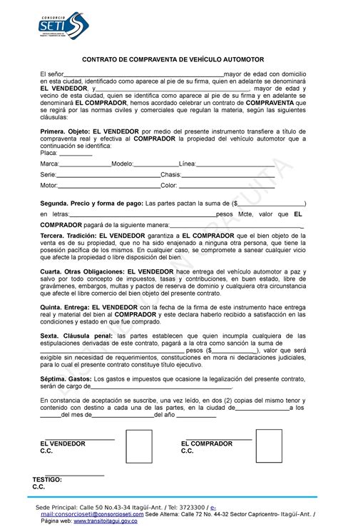 Formato Contrato DE Compraventa DE Vehículo Automotor CONTRATO DE