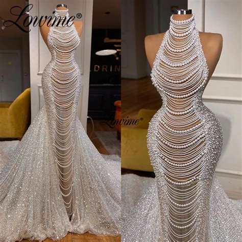 Lowime Luxurious Heavy Beaded Bridal Gowns Pearls Tassel Long Mermaid