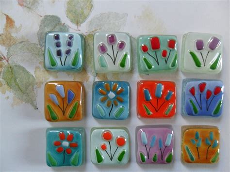 Fused Glass Tiles Flowers Floral Handmade For Mosaic Art