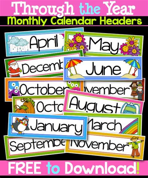 Through The Year Calendar Headers Classroom Calendar Preschool