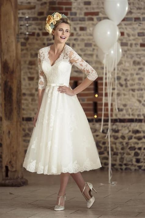 This wear was long just below the knee, with ruffles and shirring. True Bride W35 ROSIE Tea Length Lace 50s 60s Short Bridal ...