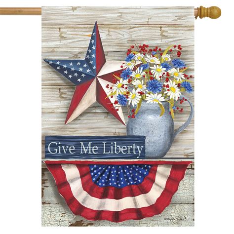 Give Me Liberty Patriotic House Flag Primitive Star Floral Rustic 28 X