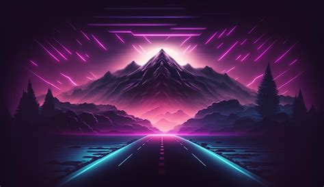 Premium Photo A Neon Road With Mountains In The Background