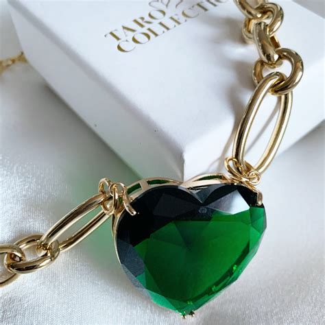 Green Crystal Heart Gold Chunky Chain Necklace Green Heart Etsy Polska