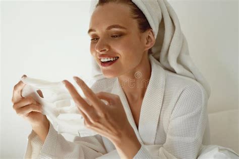 European Girl In Bathrobe Use Laptop On Bed Stock Image Image Of Home