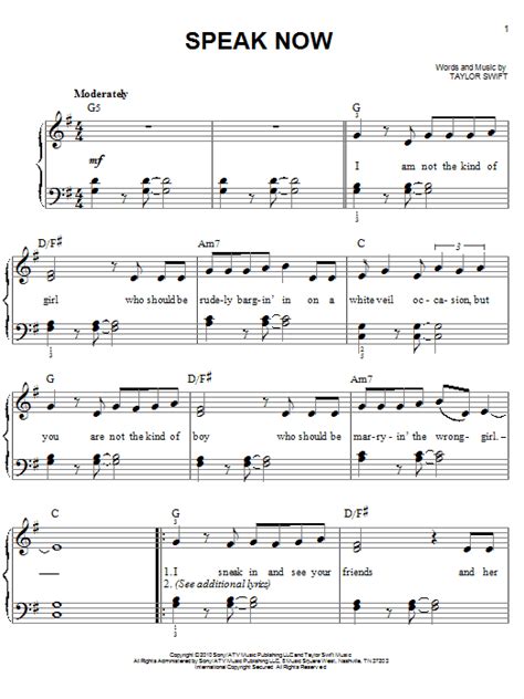 Speak Now Sheet Music By Taylor Swift Easy Piano 80457