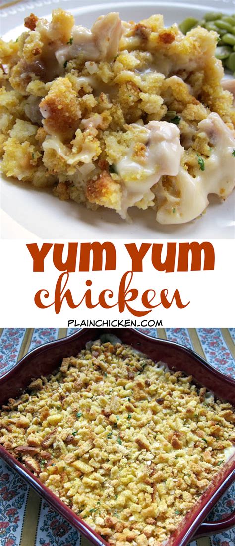Creamy chicken and mushroom soup. Yum Yum Chicken - creamy chicken casserole topped with ...