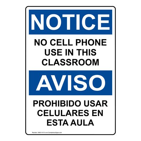 Osha Notice No Cell Phone In Classroom Bilingual Sign Onb 14114