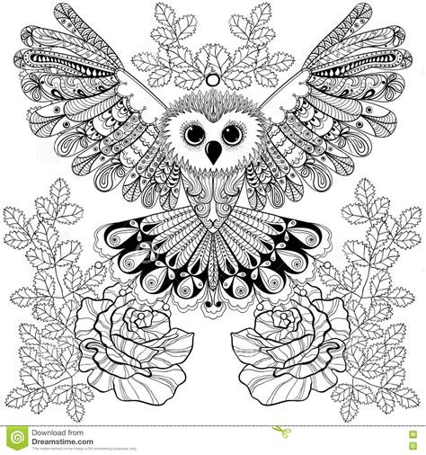Zentangle Stylized Black Owl With Rose For Adult Anti