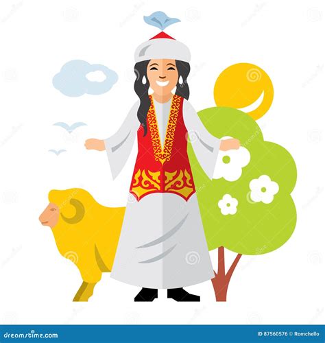 Vector Kazakh Woman Historical Clothes Kazakhstan Flat Style Colorful Cartoon Illustration