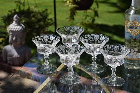 4 Vintage Etched Cocktail ~ Martini Glasses Cambridge Rose Point Circa 1934 Mixologist Craft