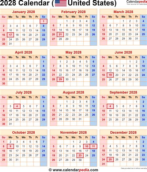 2028 Calendar For The Usa With Us Federal Holidays