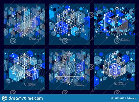 Isometric Abstract Dark Blue Backgrounds Set With Linear Dimensional