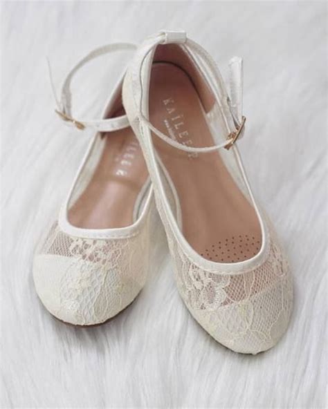 Ivory New Lace Ballet Flats With Ankle Strap