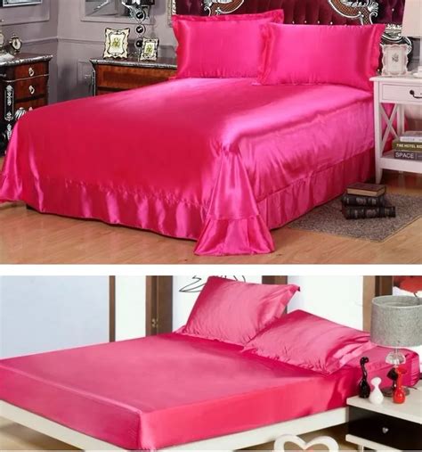 Pcs Hot Pink Bedding Satin Silk Sheets Flat Fitted Bed Sheet Bedspreads Linens California King