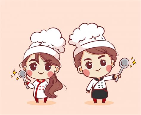 Premium Vector Smiling And Happy Female Chef And Male Chef Woman Chef And Male Chef Is