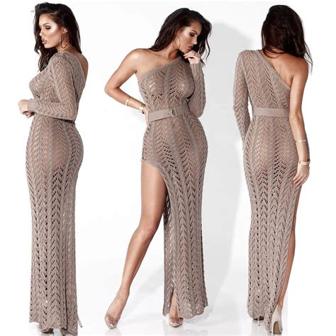Z One Shoulder Sexy See Through Prom Dress Maxi Knitting Evening