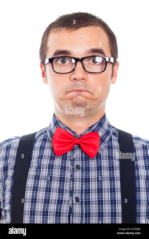 Close Up Of Funny Scared Nerd Man Isolated On White Background Stock