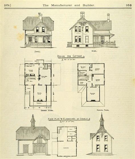 1874 Print Cottage Stable Victorian Architecture Floor Plan Front Side