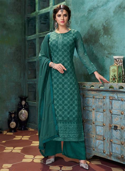 Buy Teal Embroidered Faux Georgette Trendy Suit 162777