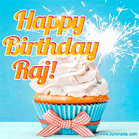 Happy Birthday Raj Elegant Cupcake With A Sparkler