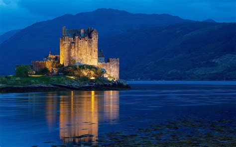 United Kingdom Scotland Dornie Night Water Castle Lights Light