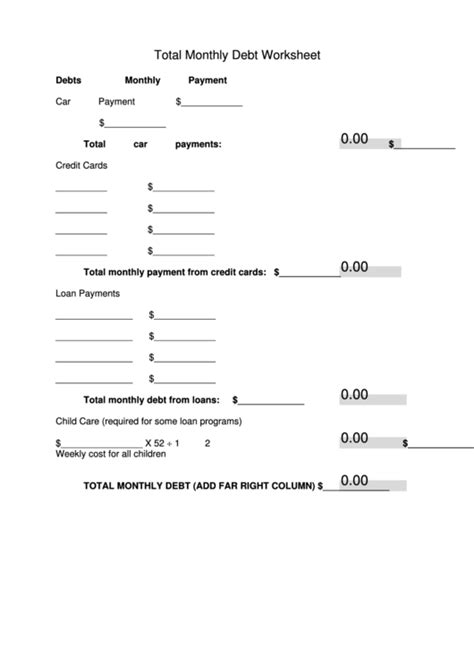 fillable total monthly debt worksheet template printable