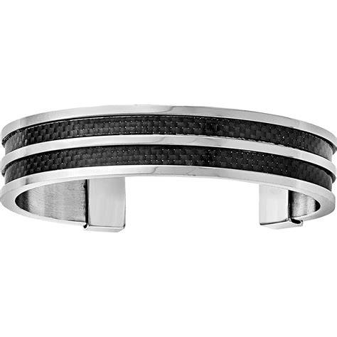 Stainless Steel Polished Black Carbon Fiber Inlay Cuff Bangle Bracelet