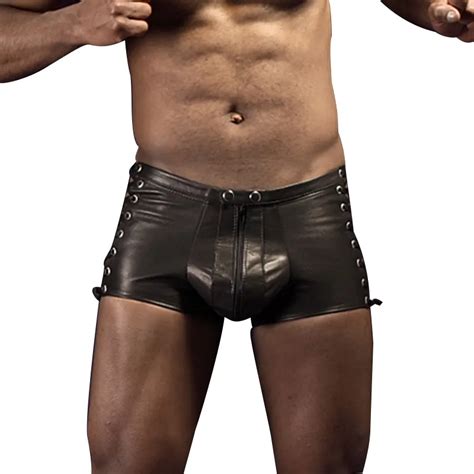 Faux Leather Mens Exotic Apparel Men Boxers Shorts Trunks Lace Up Underwear Lingerie Black Pants