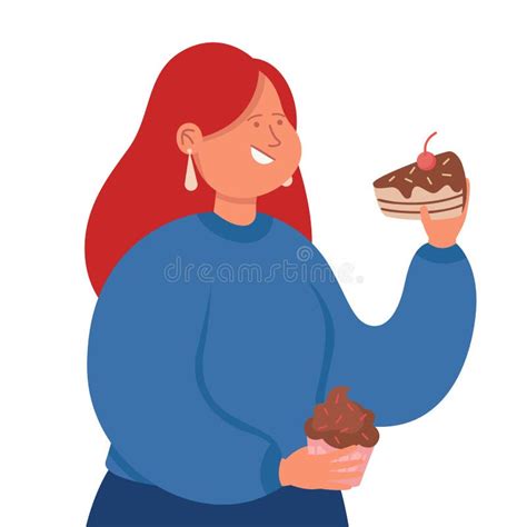 Sweet Tooth Lady Eating Chocolate Cake And Cupcake Stock Vector Illustration Of Attractive