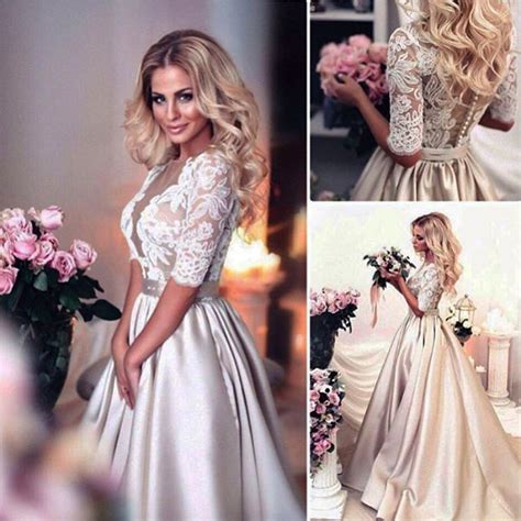 Champagne Lace Bridal Dresseshalf Sleeves Wedding Dressesbridal