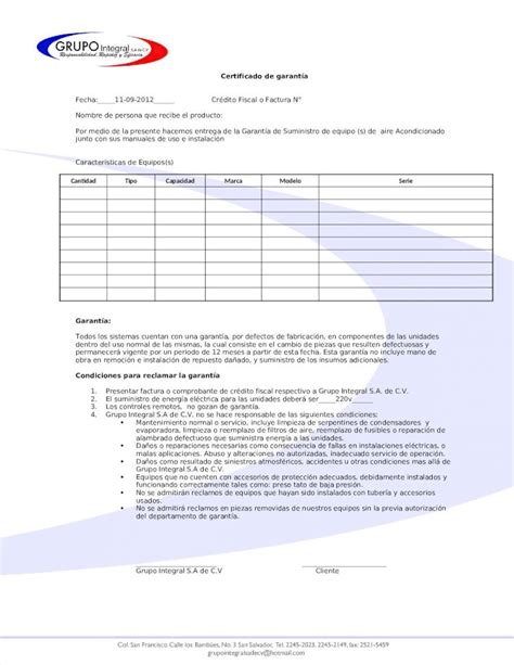 Docx Carta De Garantia De Equipo De Aire Acondicionado Dokumentips