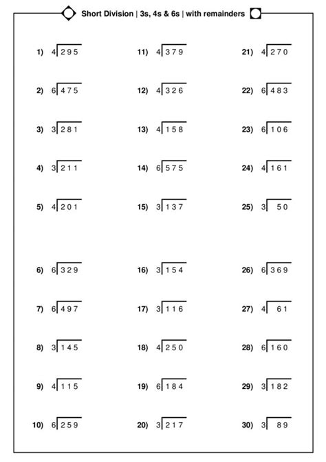 Short Division With Remainders Worksheet For 4th Grade Lesson Planet