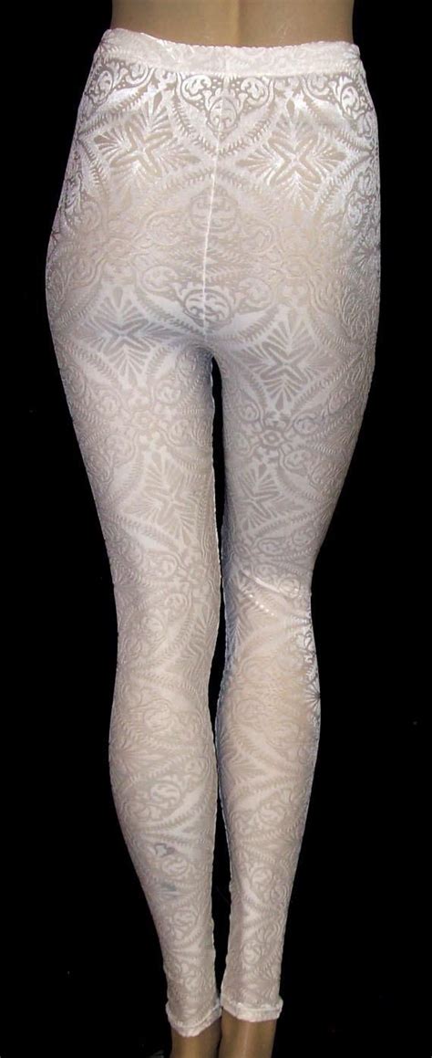 Leggings Tights White Sheer Stretch Mesh With Burnout Velvet Image Tight Leggings White