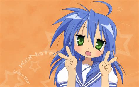 Blue Hair Cat Smile Green Eyes Izumi Konata Long Hair Lucky Star Orange