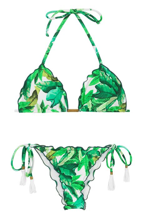 Two Piece Swimwear Leaves Print Scrunch Bikini Folhagem Frufru