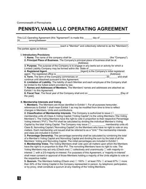 Free Pennsylvania Llc Operating Agreement Template Pdf And Word