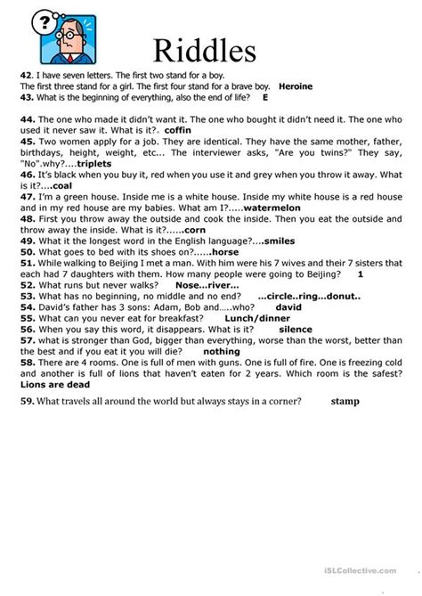 Funny why, what, when, how and if questions that left us baffled, befuddled, bemused fun stuff to do: 59 Riddles worksheet - Free ESL printable worksheets made ...