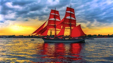 Desktop Wallpapers Sea Red Ships Sunrise And Sunset 2560x1440