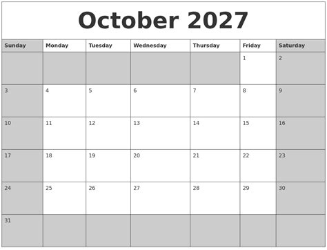 October 2027 Calanders