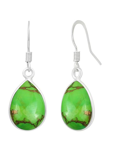Natural Green Copper Turquoise Earrings Dangle Style Sterling Silver