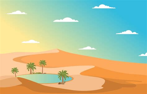 Arabian Landscape With Oasis And Palm Trees And Desert Hill