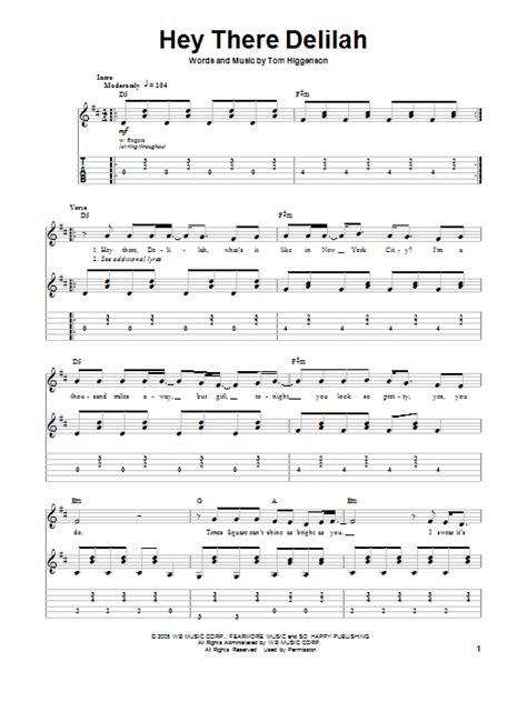 Hey There Delilah Guitar Tab By Plain White Ts Guitar Tab 153549