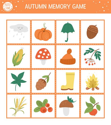 Autumn Memory Game Cards With Cute Fall Season Objects Matching