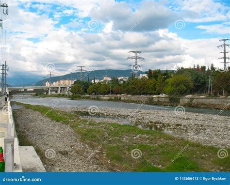 Sochi River With Small Water And Waterfall At Sunny Day Stock Image