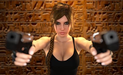 Girls With Guns Cleavage Lara Croft Tomb Raider Brunette Long Hair Video Game Girls