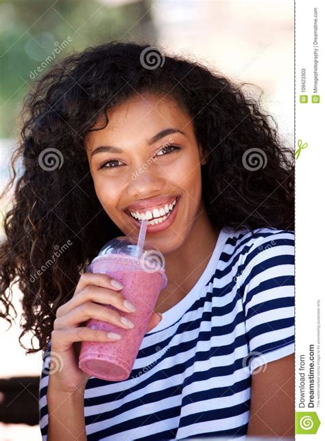 Smiling Young Woman Drinking Smoothie Outside Stock Image Image Of Fresh Female 109423303