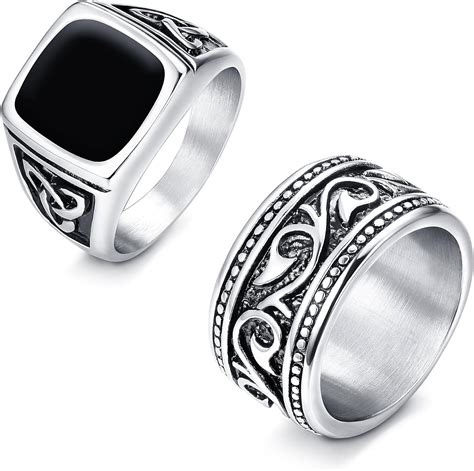 Finrezio Pcs Mens Rings Stainless Steel Ring Biker Vintage Silver Black Celtic Wedding Band For